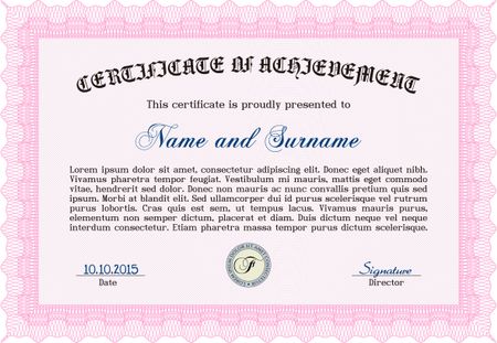 Pink Diploma template or certificate template. Vector pattern that is used in money and certificate. With quality background. Artistry design. 