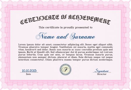 Pink Diploma template or certificate template. Vector pattern that is used in money and certificate. With quality background. Artistry design.