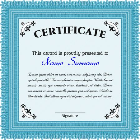 Light blue Sample Diploma. With linear background. Frame certificate template Vector. Modern design. 