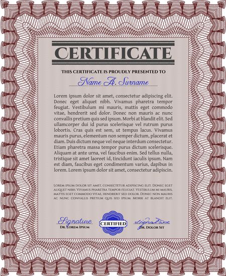 Red Sample Diploma. With linear background. Frame certificate template Vector. Modern design. 