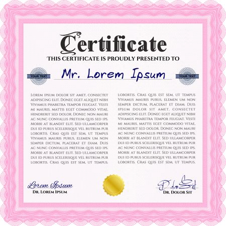 Pink Sample Diploma. With linear background. Frame certificate template Vector. Modern design. 