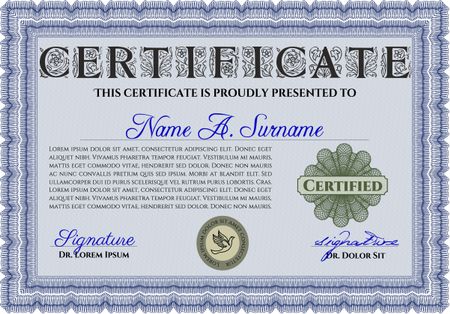 Certificate. Complex design. Printer friendly. Detailed. Blue color.