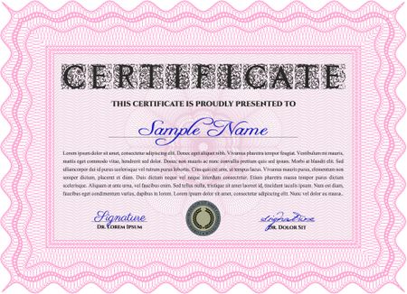Pink Diploma or certificate template. Vector pattern that is used in currency and diplomas.Complex background. Superior design. 