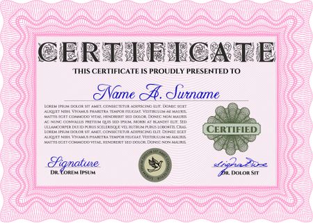 Diploma template or certificate template. Beauty design. Vector pattern that is used in money and certificate. With quality background. Pink color.