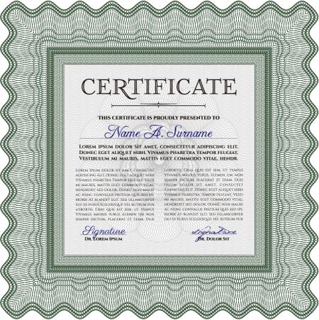 Green Diploma or certificate template. Vector illustration. With complex background. Lovely design. 