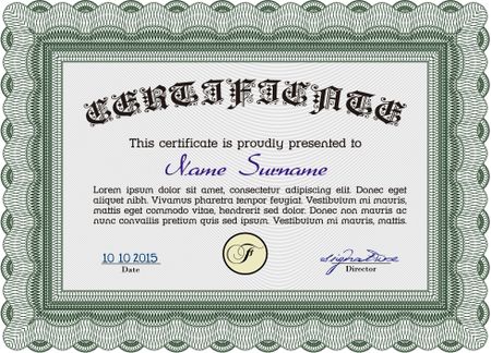 Green Diploma or certificate template. Vector illustration. With complex background. Lovely design. 