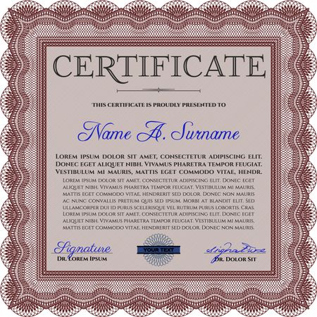Red Diploma or certificate template. Vector illustration. With complex background. Lovely design. 