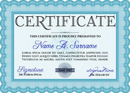 Light blue Awesome Certificate template. Award. Money Pattern. With great quality guilloche pattern. 