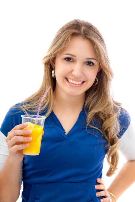 Casual woman with an orange juice isolated on white