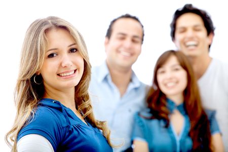 Woman portrait with a group of friends behind isolated