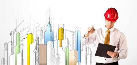 A young construction site worker in a red safety helmet happily sketching a colorful city sight, drawing lines, arrows, angles, cranes buildings with a pen in his hand