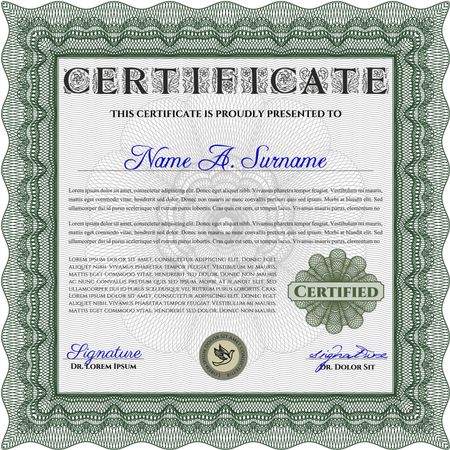 Green Certificate of achievement template. Sophisticated design. With guilloche pattern and background. Diploma of completion. 