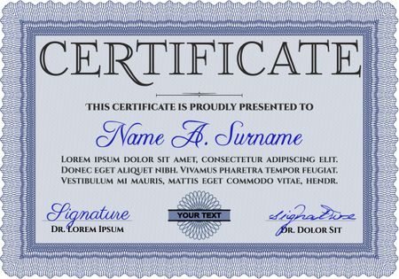 Blue Sample Diploma. Frame certificate template Vector. Elegant design. With linear background. 
