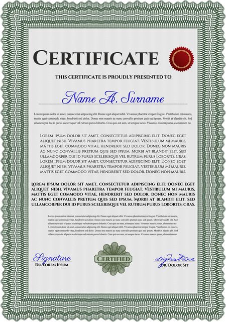 Green Sample Diploma. Frame certificate template Vector. Elegant design. With linear background. 