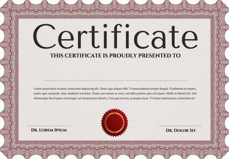 Certificate of achievement. Sophisticated design. With guilloche pattern and background. Diploma of completion. Red color.