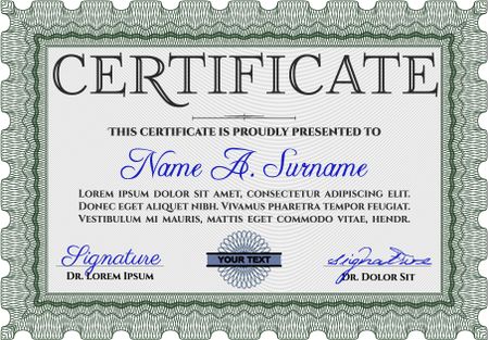 Classic Certificate template. Award. With great quality guilloche pattern. Money Pattern. Green color.