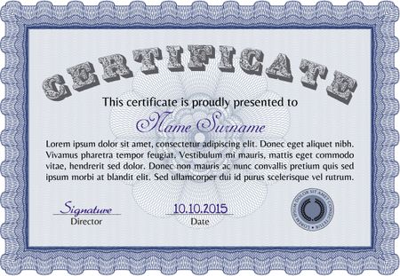 Blue Classic Certificate or Diploma template. Money Pattern design. 