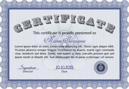 Blue Classic Certificate or Diploma template. Money Pattern design.