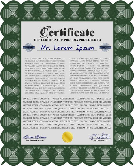 Green Certificate of achievement template. Diploma of completion. With guilloche pattern and background. Money design. 