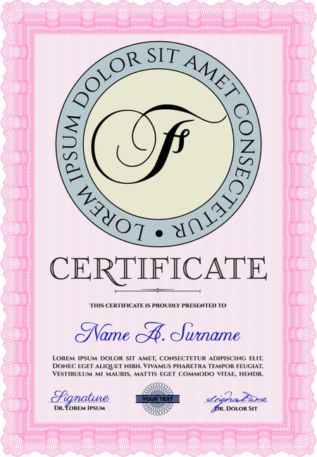 Certificate template or diploma template. Superior design. Complex background. Vector pattern that is used in currency and diplomas.Pink color.