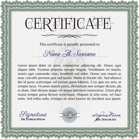 Certificate of achievement template. Money design. With guilloche pattern and background. Diploma of completion. Green color.