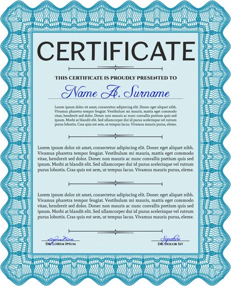 Light blue Certificate or diploma template. Border, frame. With background. Good design. 