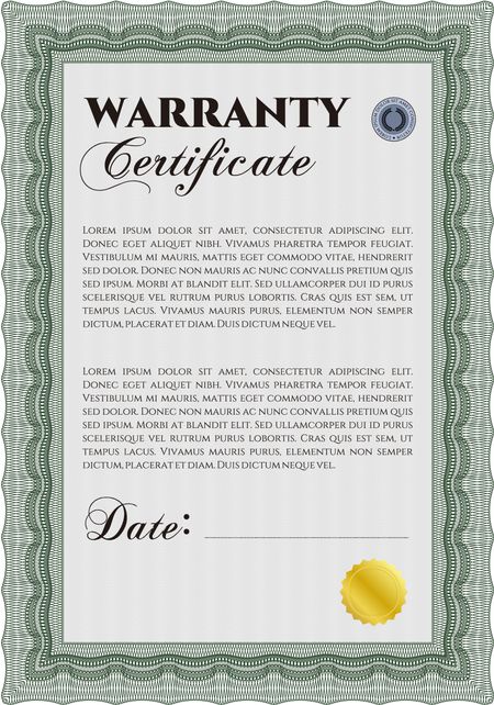 Sample Warranty certificate template. Elegant design. With guilloche pattern and background. Vector illustration.