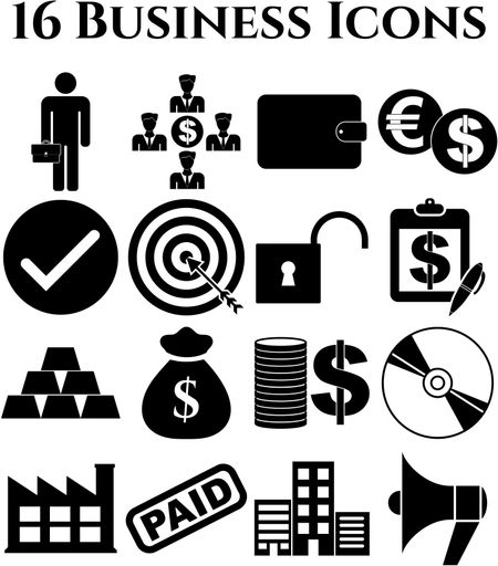 business icon set. 16 icons total. Universal and Standard Icons.