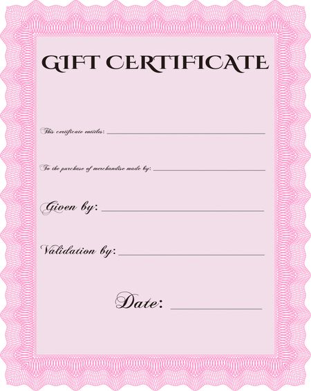 Formal Gift Certificate template. Retro design. With guilloche pattern. 