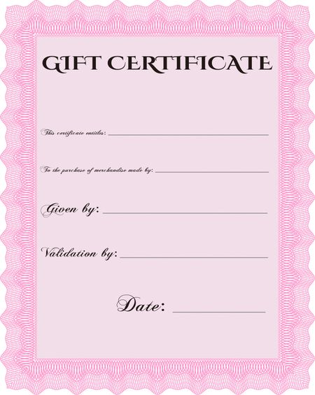 Formal Gift Certificate template. Retro design. With guilloche pattern.