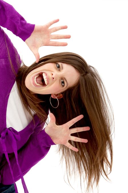 Excited woman portrait isolated over a white background