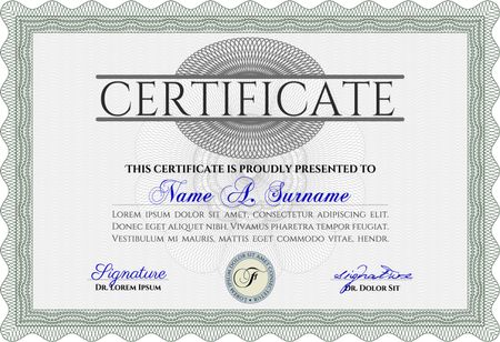 Green Sample certificate or diploma. With complex linear background. Vector certificate template. Retro design. 