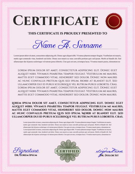 Pink Diploma or certificate template. With complex background. Vector illustration. Lovely design. 