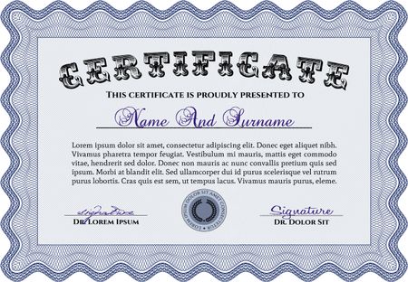 Classic Certificate template. Money Pattern design. Blue color.