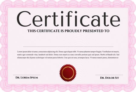 Pink Certificatem diplmoa or award template. Money style design. Design template. With guilloche pattern. 
