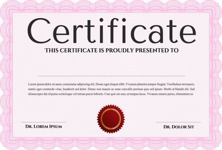 Pink Certificatem diplmoa or award template. Money style design. Design template. With guilloche pattern.