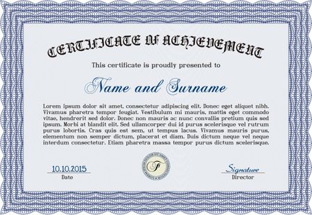 Blue Certificatem diplmoa or award template. Money style design. Design template. With guilloche pattern.