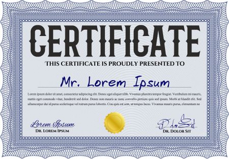 Blue Certificatem diplmoa or award template. Money style design. Design template. With guilloche pattern. 