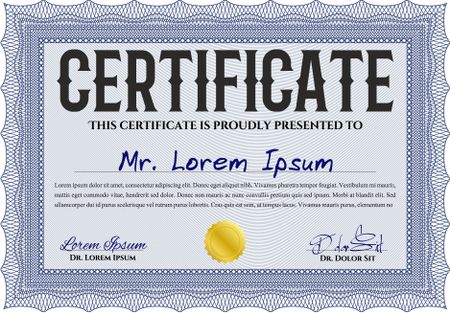 Blue Certificatem diplmoa or award template. Money style design. Design template. With guilloche pattern.