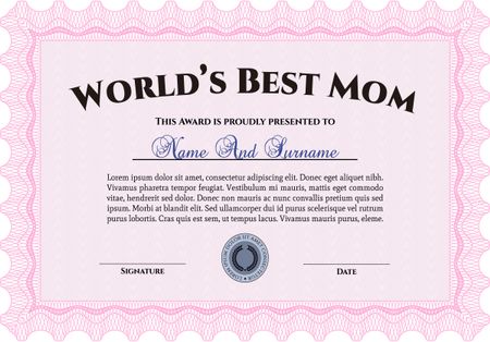 Best Mother Award Template. Vector illustration. With guilloche pattern. Retro design. 