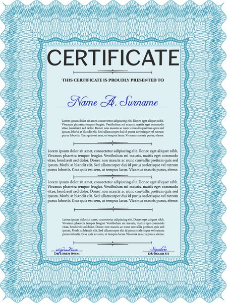 Light blue Certificate of achievement template. With guilloche pattern and background. Money design. Diploma of completion. 