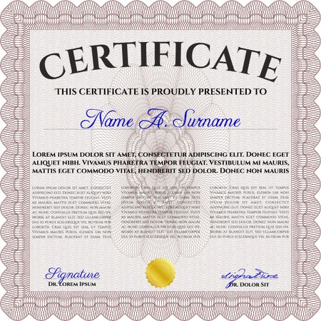Red Certificate of achievement template. With guilloche pattern and background. Money design. Diploma of completion. 
