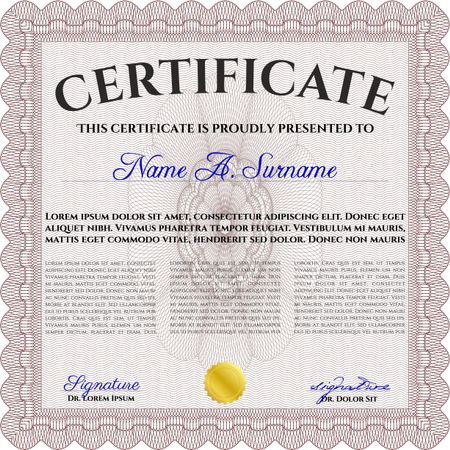 Red Certificate of achievement template. With guilloche pattern and background. Money design. Diploma of completion.