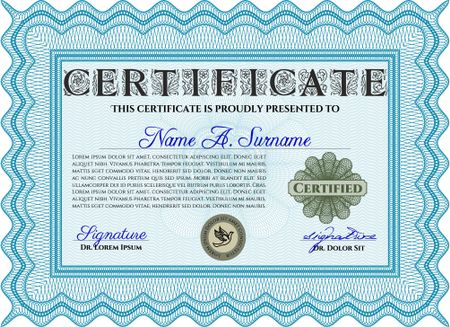 Light blue Sample Diploma. With linear background. Modern design. Frame certificate template Vector. 