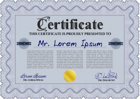 Blue Sample Diploma. With linear background. Modern design. Frame certificate template Vector. 