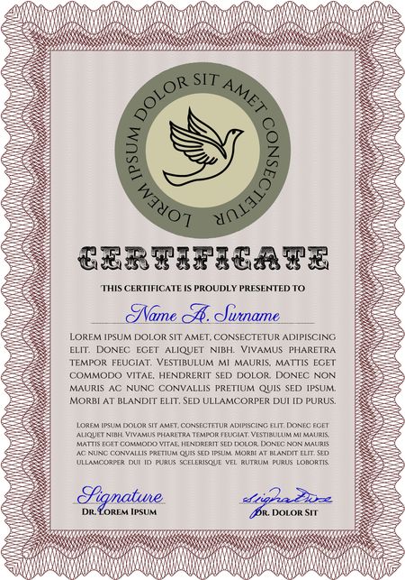 Classic Certificate template. Money Pattern design. With great quality guilloche pattern. Award. Red color.