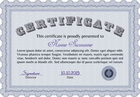 Blue Certificate of achievement template. With guilloche pattern and background. Money design. Diploma of completion. 