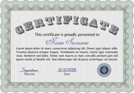 Green Sample Diploma. With linear background. Modern design. Frame certificate template Vector. 