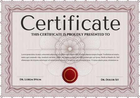 Red Certificate of achievement template. With guilloche pattern and background. Money design. Diploma of completion. 