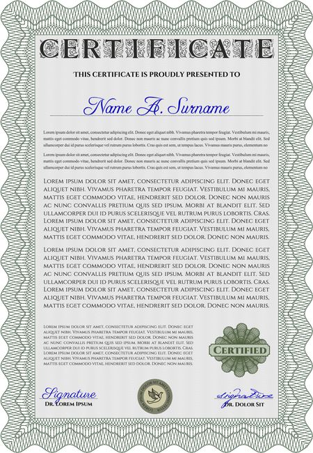 Classic Certificate template. Money Pattern design. With great quality guilloche pattern. Award. Green color.
